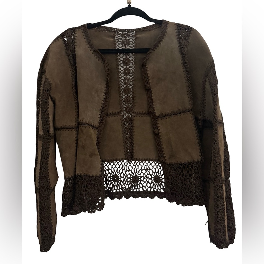 Vintage Suede Patchwork Crochet Jacket Brown Large Extra Large 1980s Unique